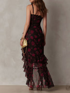 Black and red floral ruffle hem dress with ruched waist, spaghetti straps, back view