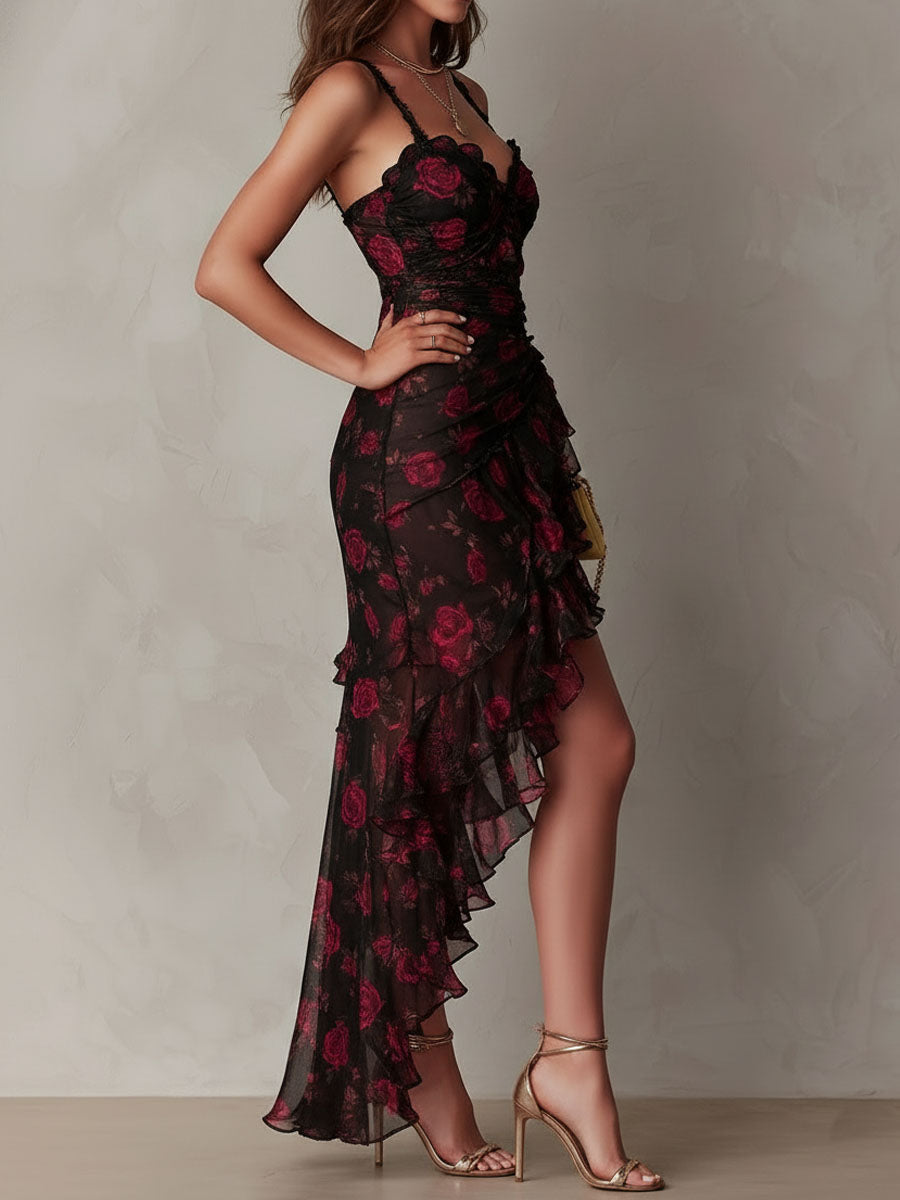 Black and red floral ruched dress with ruffle trim, sweetheart neckline, and high slit
