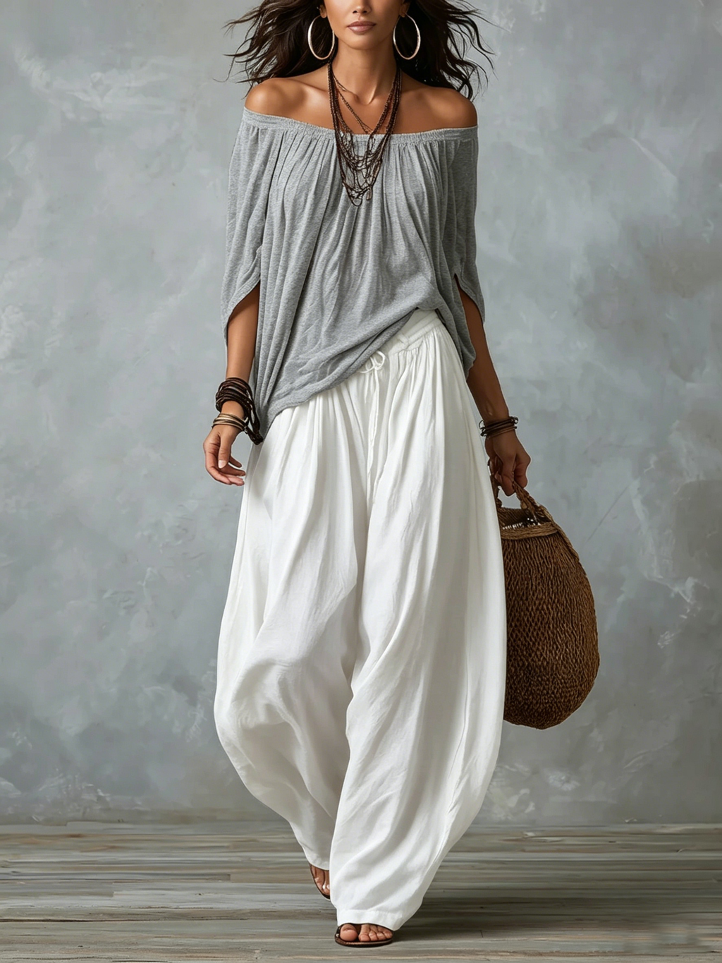 Grey off-shoulder blouse with white loose lantern pants suit
