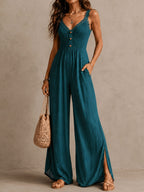 Blue-green boho lace-trim slit wide-leg jumpsuit with V-neck and button front