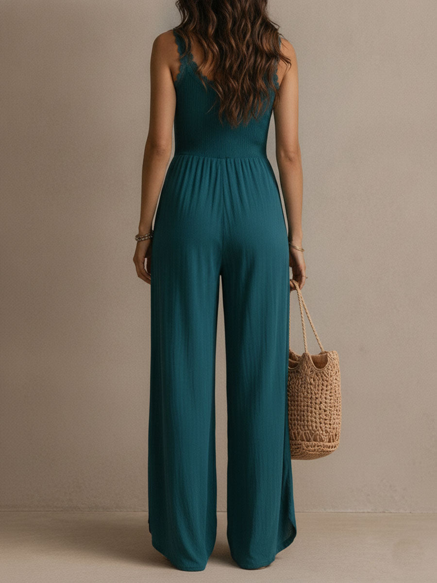Blue-green sleeveless jumpsuit with lace V-neck and wide-leg pants