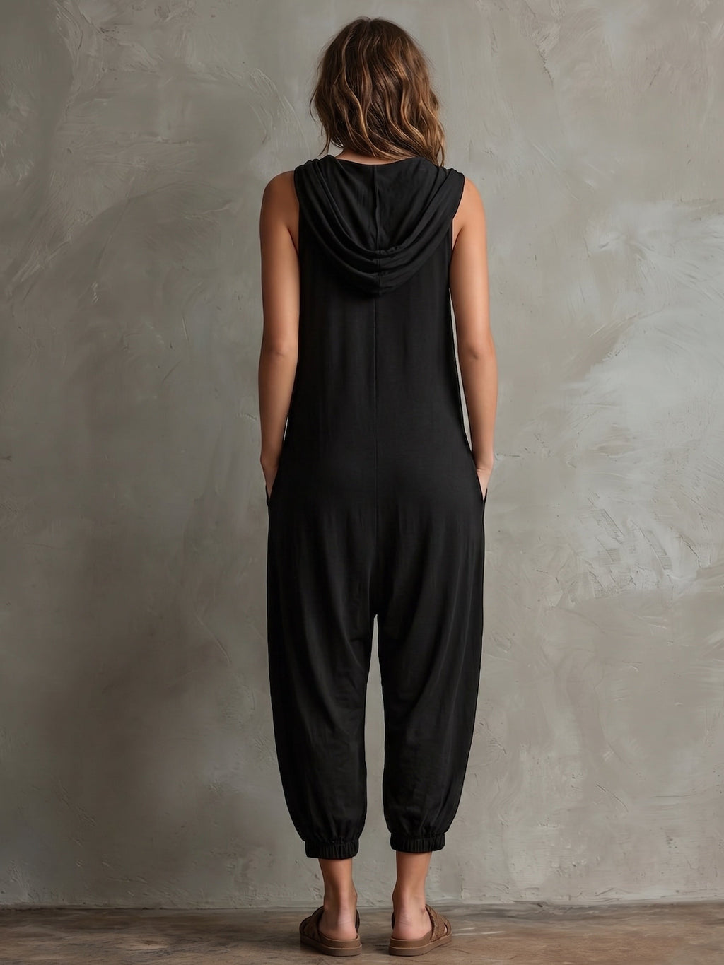 Black hooded sleeveless jumpsuit, rear view, with loose lantern legs and gathered waist