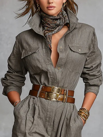 Gray-brown cotton-linen shirt jumpsuit with flap chest pockets and visible belt
