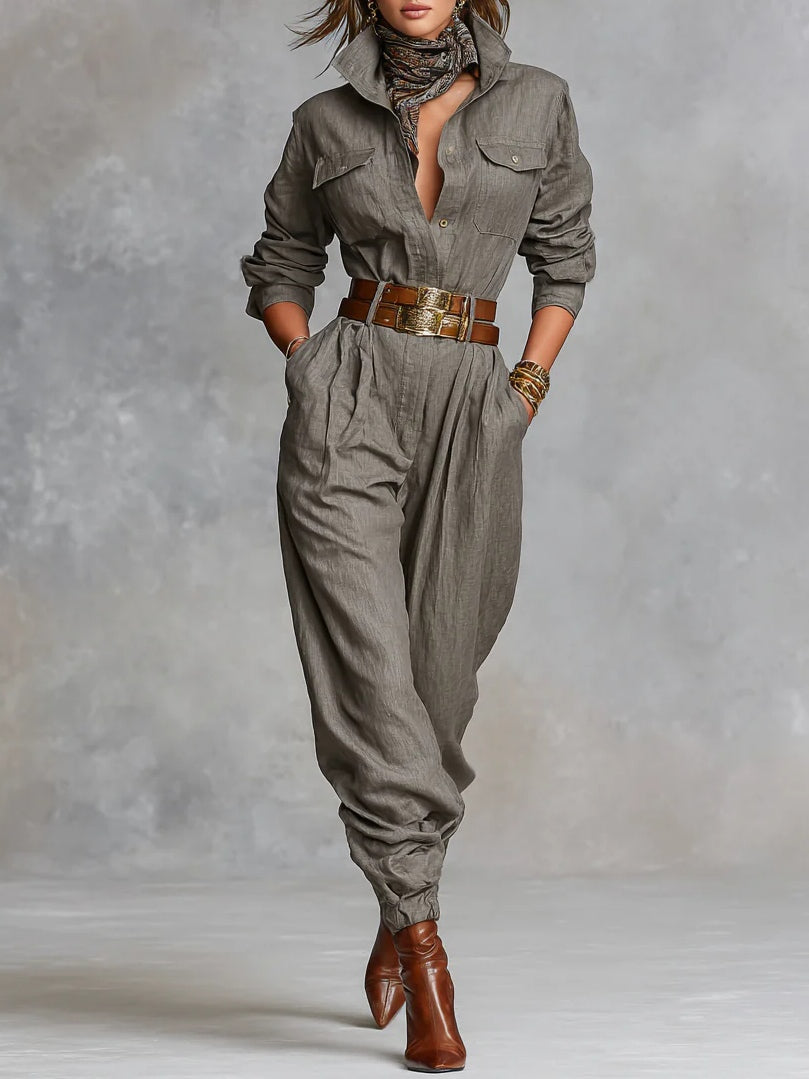 Gray-brown cotton-linen jumpsuit with long sleeves, button front, and chest pockets