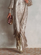 Gold shimmering V-neck maxi dress, side slit detail, long sleeves