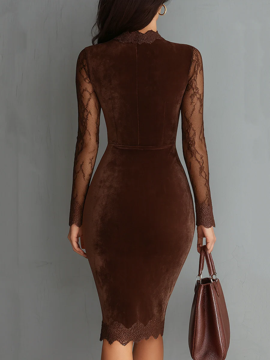 Brown velvet mini dress with lace long sleeves and back seams, fitted pencil cut
