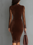 Brown velvet mini dress with lace long sleeves and back seams, fitted pencil cut