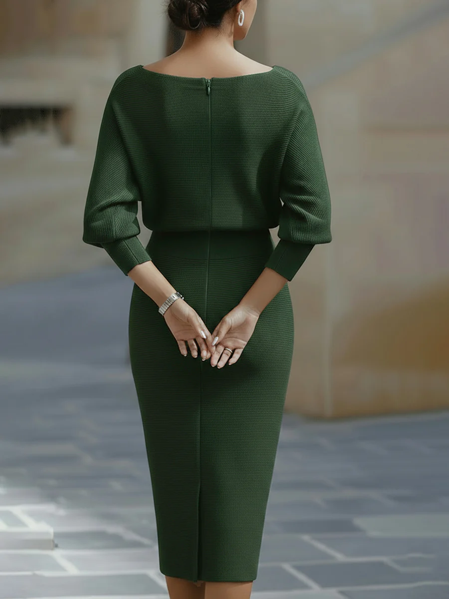 Green midi sheath dress, back view with center zipper and batwing sleeves