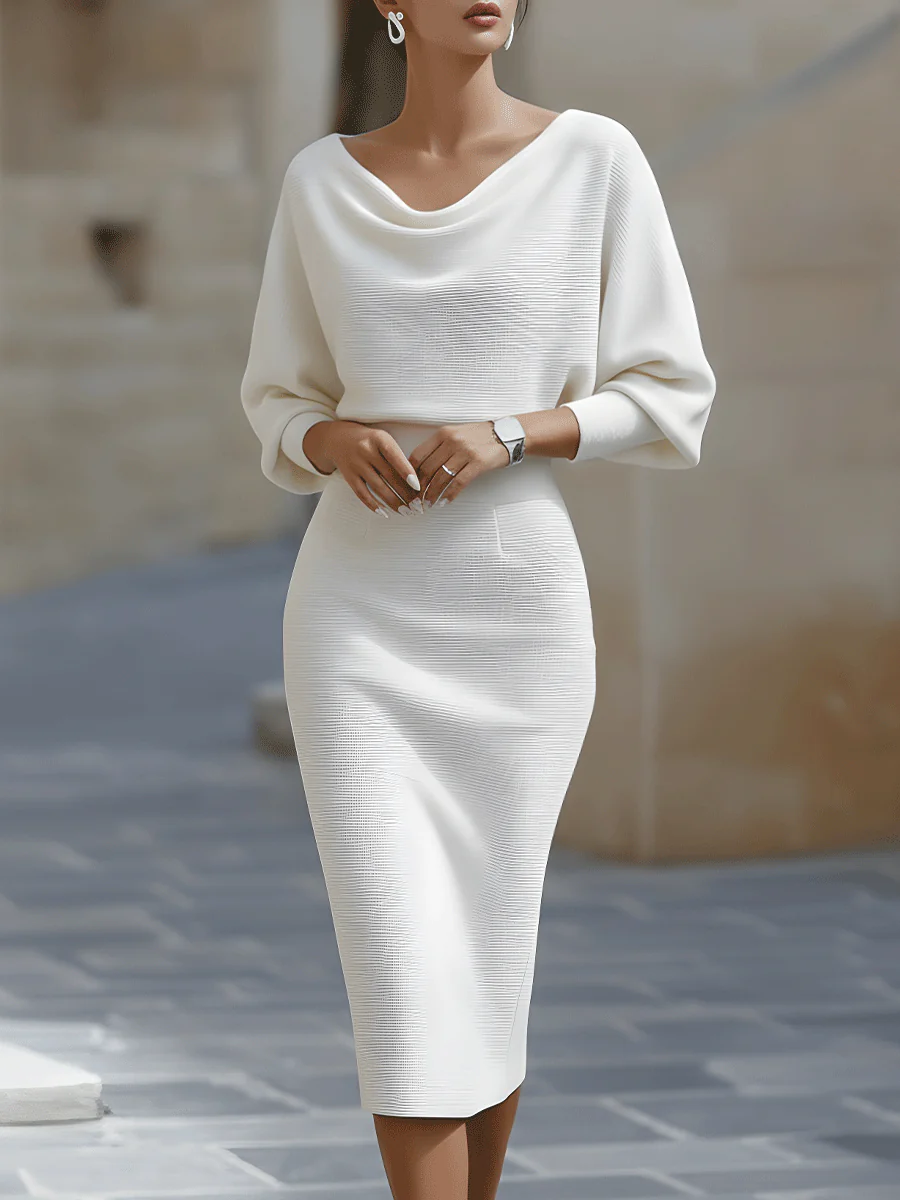 White midi sheath dress with batwing sleeves and draped cowl neckline
