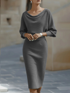 Grey midi sheath dress with batwing sleeves and cowl neckline