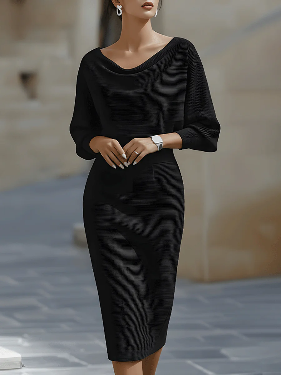 Black midi sheath dress with batwing sleeves and cowl neckline