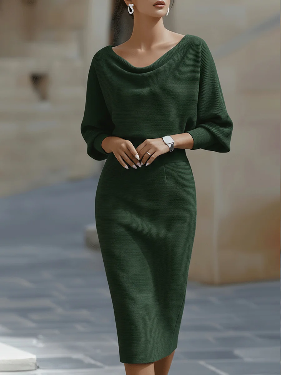 Green midi sheath dress with batwing sleeves and draped cowl neckline