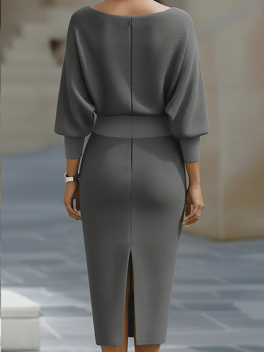 Grey midi sheath dress, back view with center zipper and batwing sleeves