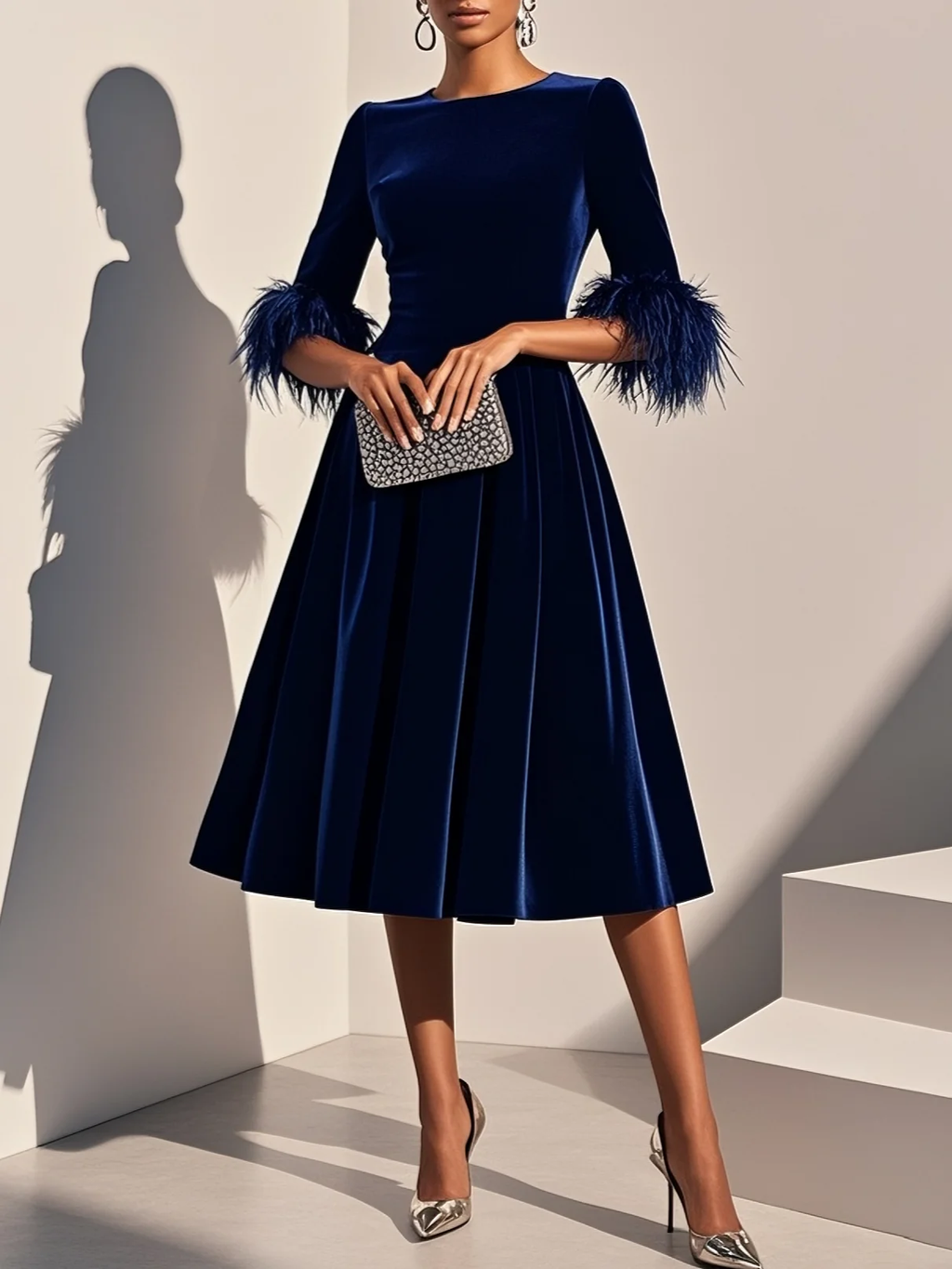Dark blue velvet midi A-line dress, round neckline, feather-trimmed short sleeves