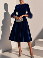 Dark blue velvet midi A-line dress, round neckline, feather-trimmed short sleeves