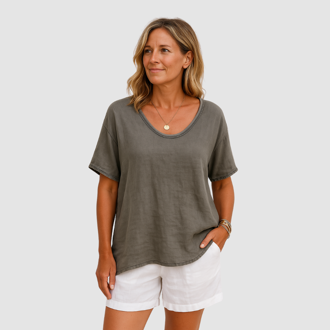 Loose fit scoop-neck T-shirt, dark gray, short sleeves, relaxed drape