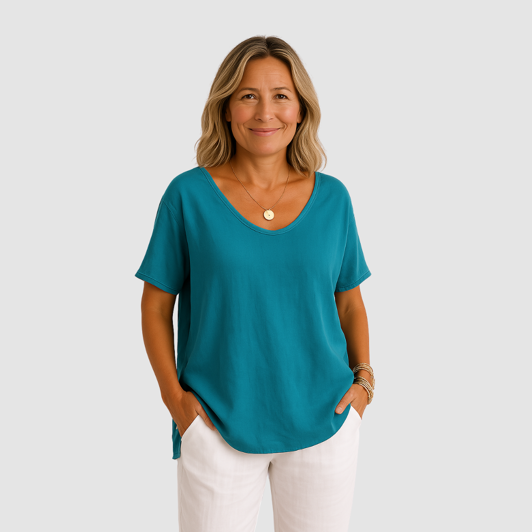 Loose fit scoop-neck T-shirt, blue, short sleeves, relaxed drape