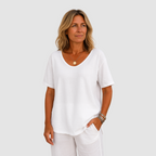 Loose fit scoop-neck T-shirt, white, short sleeves, relaxed drape