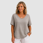 Loose fit scoop-neck T-shirt, light gray, short sleeves, relaxed drape