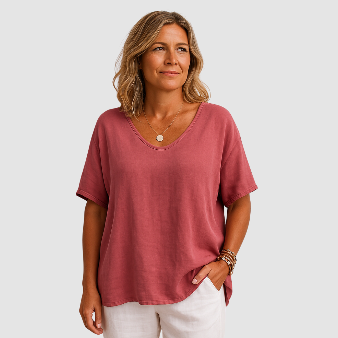 Loose fit scoop-neck T-shirt, red, short sleeves, relaxed drape