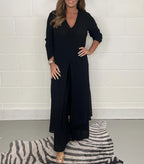 Comfy two-piece tunic and pants set, black V-neck tunic with side slit