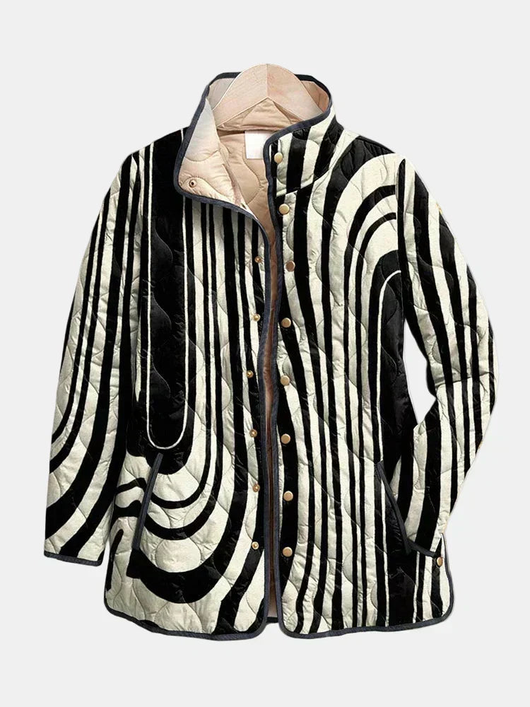 Quilted casual jacket with black-and-white swirl geometric pattern, gold buttons, beige lining