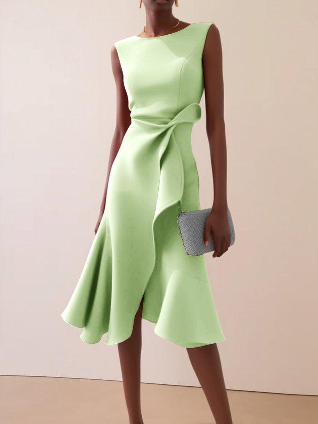 Light green sleeveless midi A-line dress with waist twist and drape