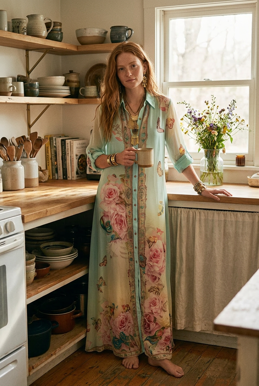 Mint green floral maxi dress with V-neck and button placket, chiffon maxi hem