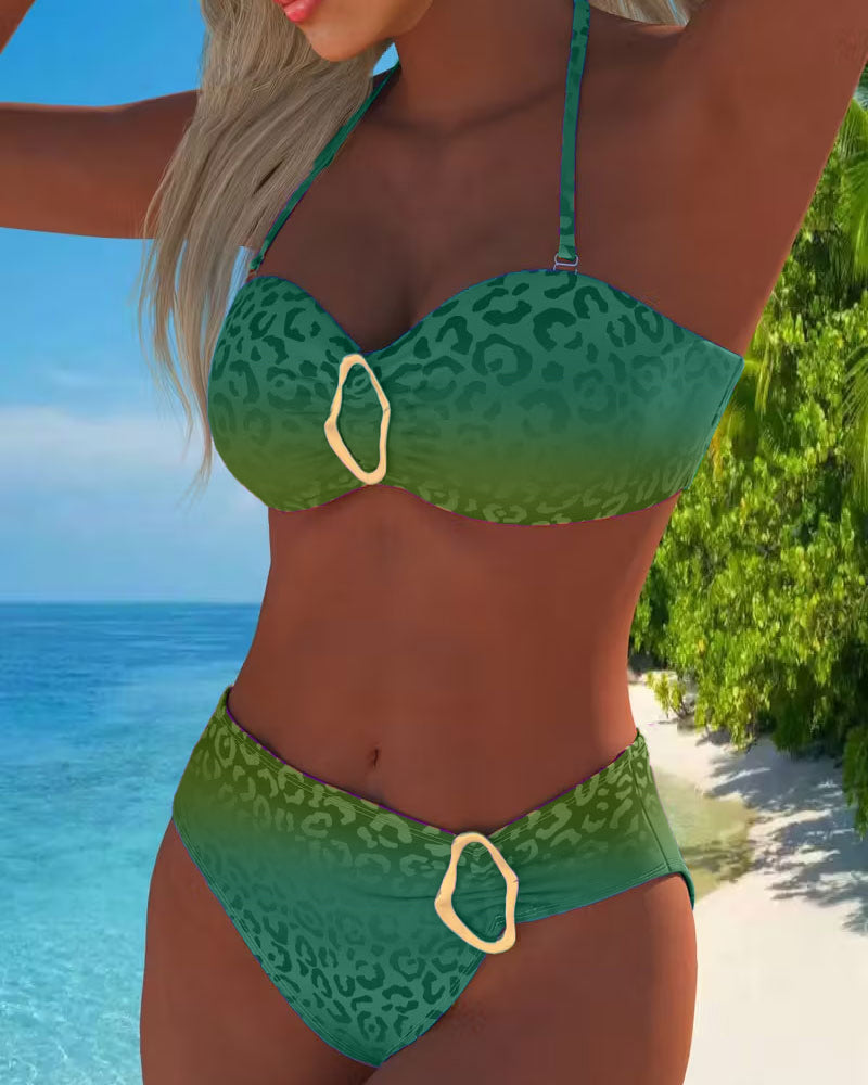 Green leopard-print halter bikini with ring-trim accents and high-cut matching bottoms