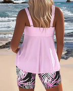 Pink ribbed back tankini top with palm-leaf print swim shorts