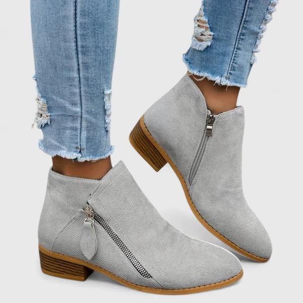 Gray suede orthopedic ankle boots with side zipper and low block heel