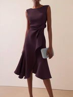 Dark purple sleeveless midi A-line dress with twisted waist and flared hem