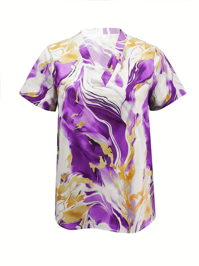 Marble print short sleeve shirt, purple and cream swirls, V-neck front