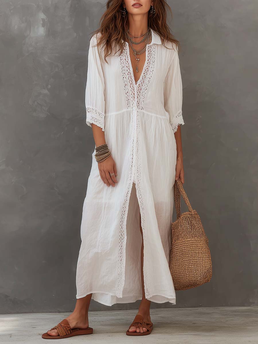 White lace-trim midi dress with V-neck and three-quarter sleeves