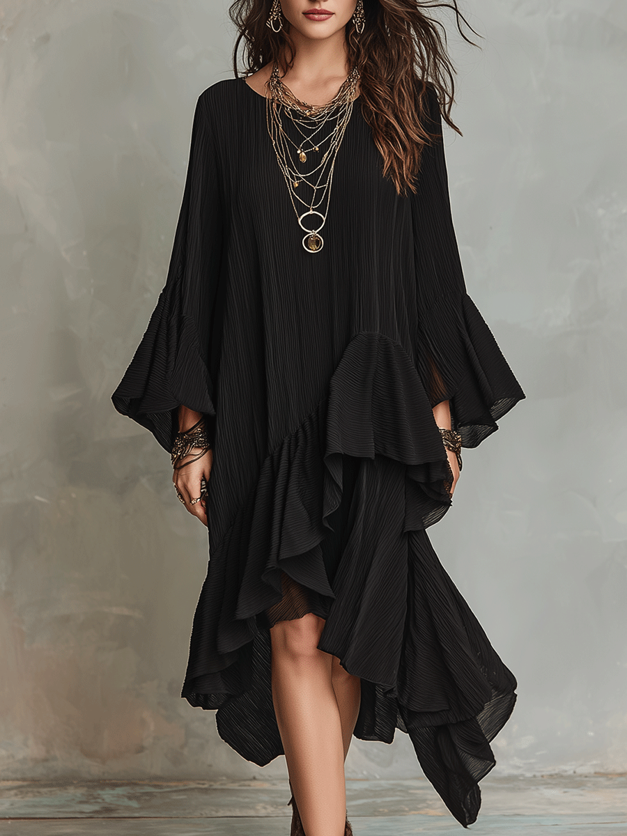 Black boho midi dress with layered asymmetric ruffles and loose flared sleeves, front view