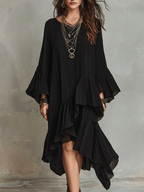 Black boho midi dress with layered asymmetric ruffles and loose flared sleeves, front view