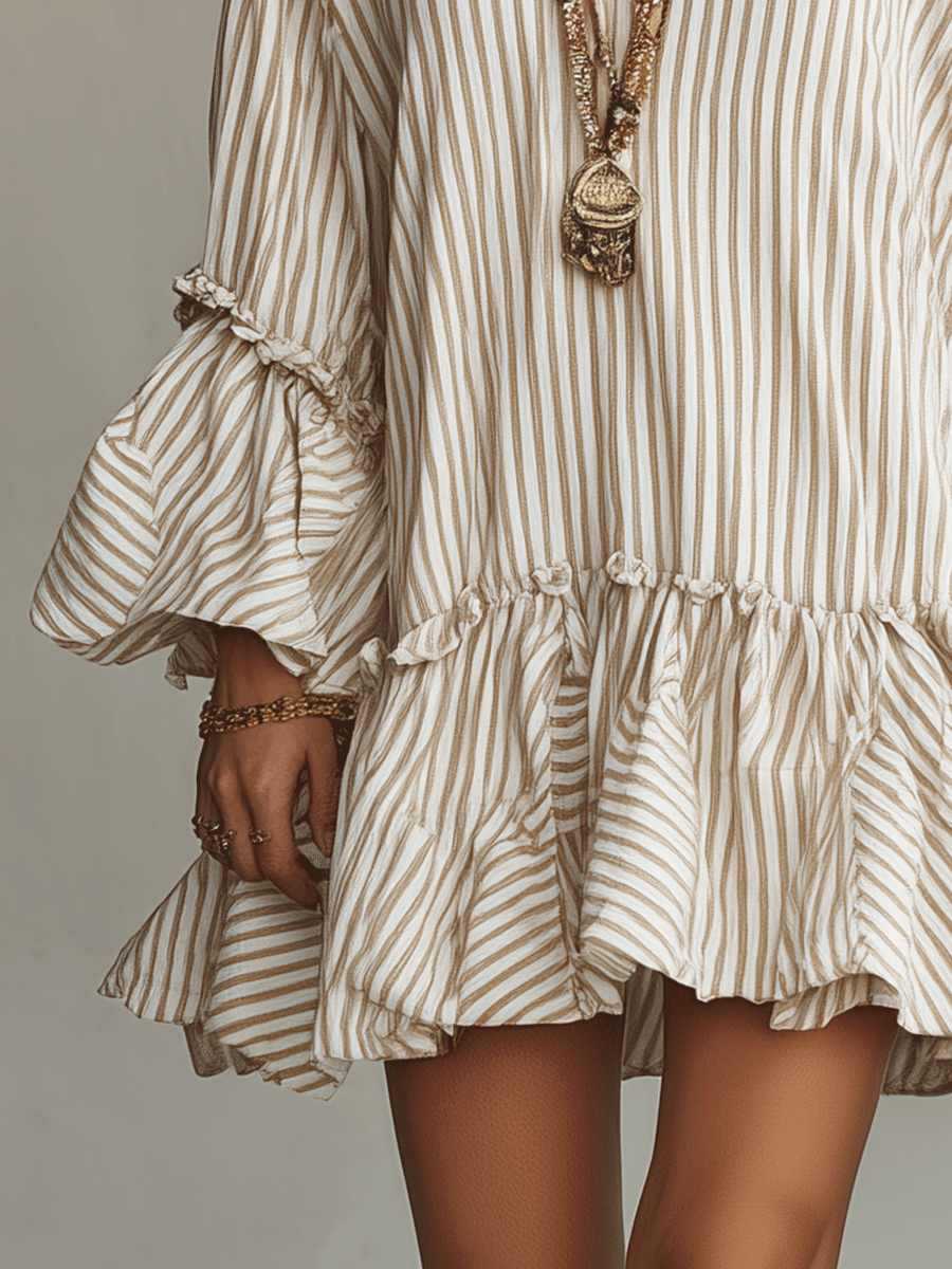 Off-white striped mini dress with gathered waist, tiered ruffles, and loose puff sleeves