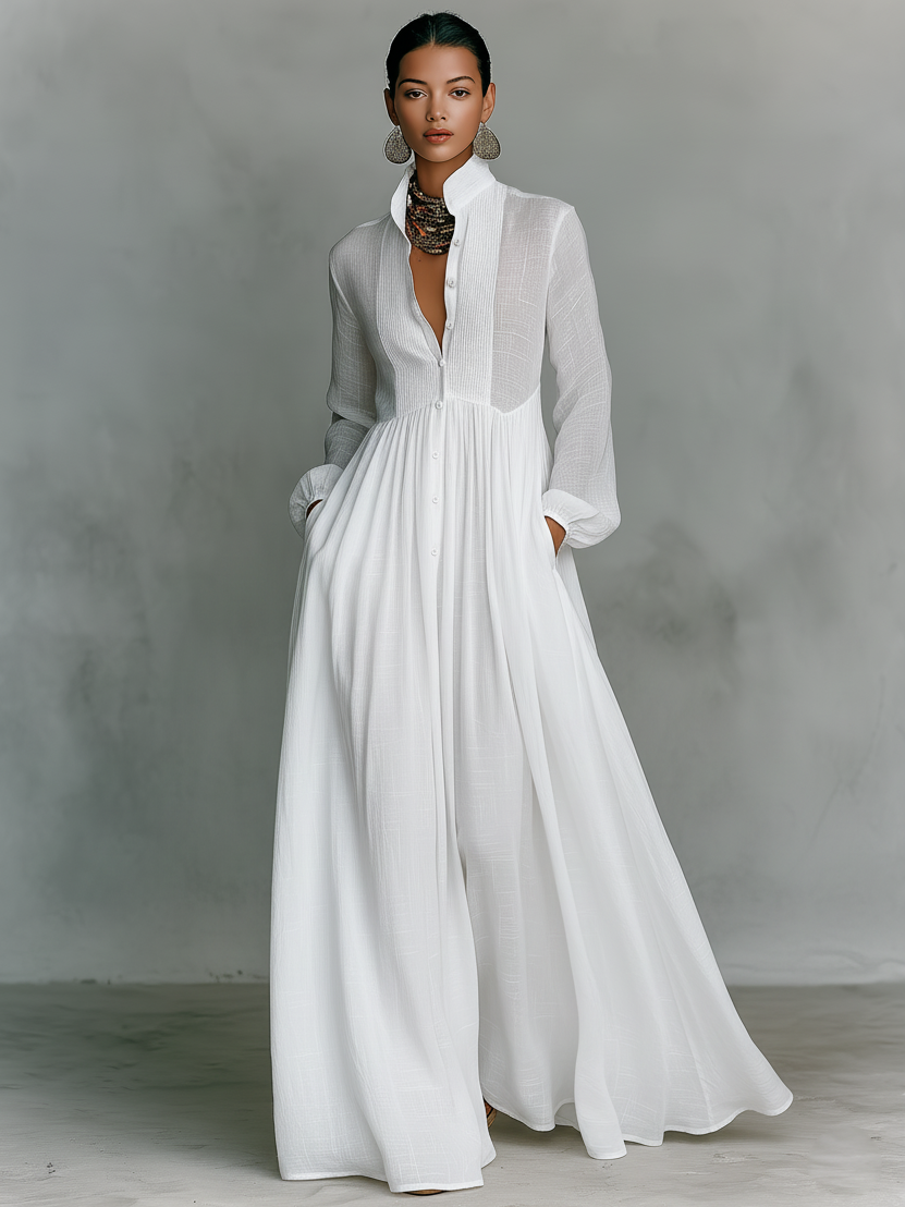 Women's white long-sleeve maxi dress with stand-up collar, button-front closure and patchwork