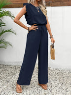 Navy blue ruffle-shoulder two-piece set with drawstring waist and wide pants