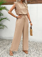 Beige sleeveless lace-trim top and wide-leg pants set, drawstring waist, wide legs
