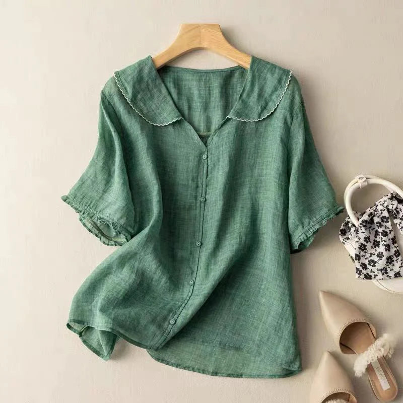 Green short-sleeve cotton blouse with scalloped peter pan collar and button-front