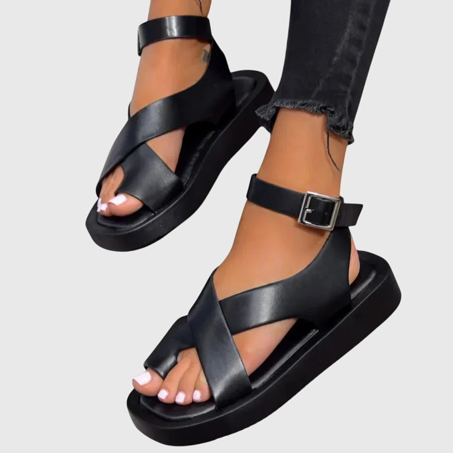 Black orthopedic sandals with double ankle straps and open toe