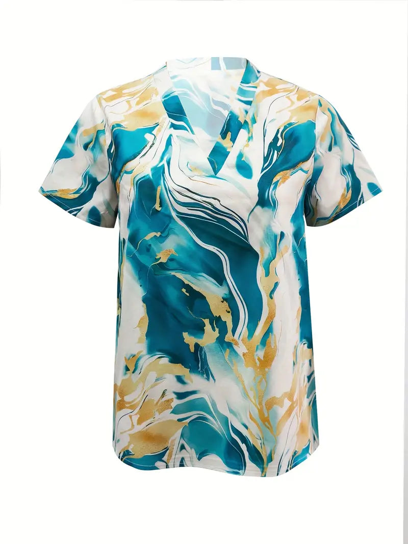 Marble print short sleeve shirt, blue and teal with cream pattern, V-neck