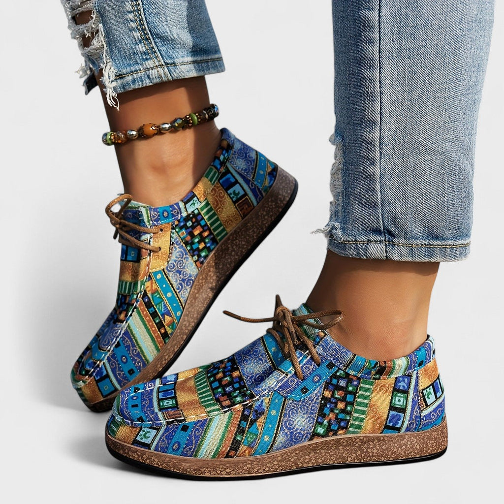 Seryphina™ orthopedic sneakers, blue-green patchwork print, brown lace-up, low top sole