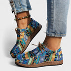 Seryphina™ orthopedic sneakers, blue-green patchwork print, brown lace-up, low top sole