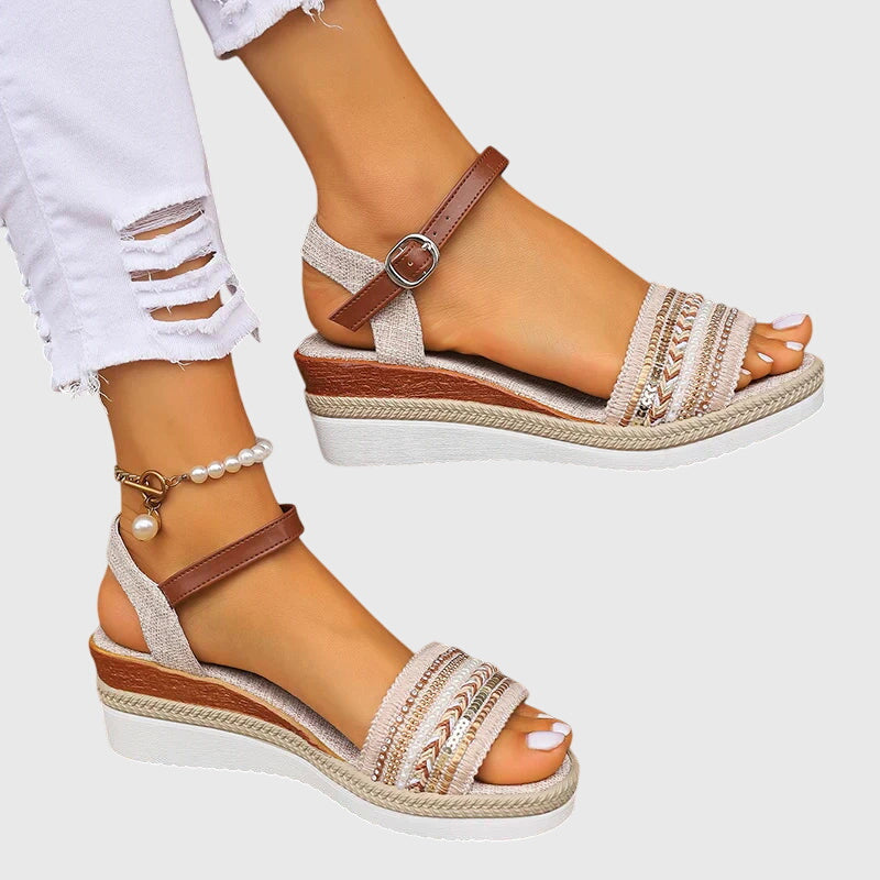 White and brown orthopedic wedge sandals with ankle strap and open toe