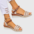 White and brown orthopedic wedge sandals with ankle strap and open toe