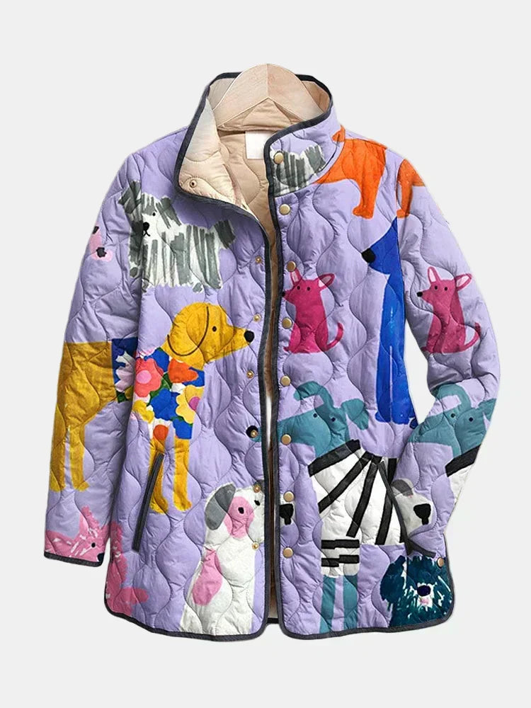 Multicolour quilted jacket with playful dog print, button-front, long sleeves