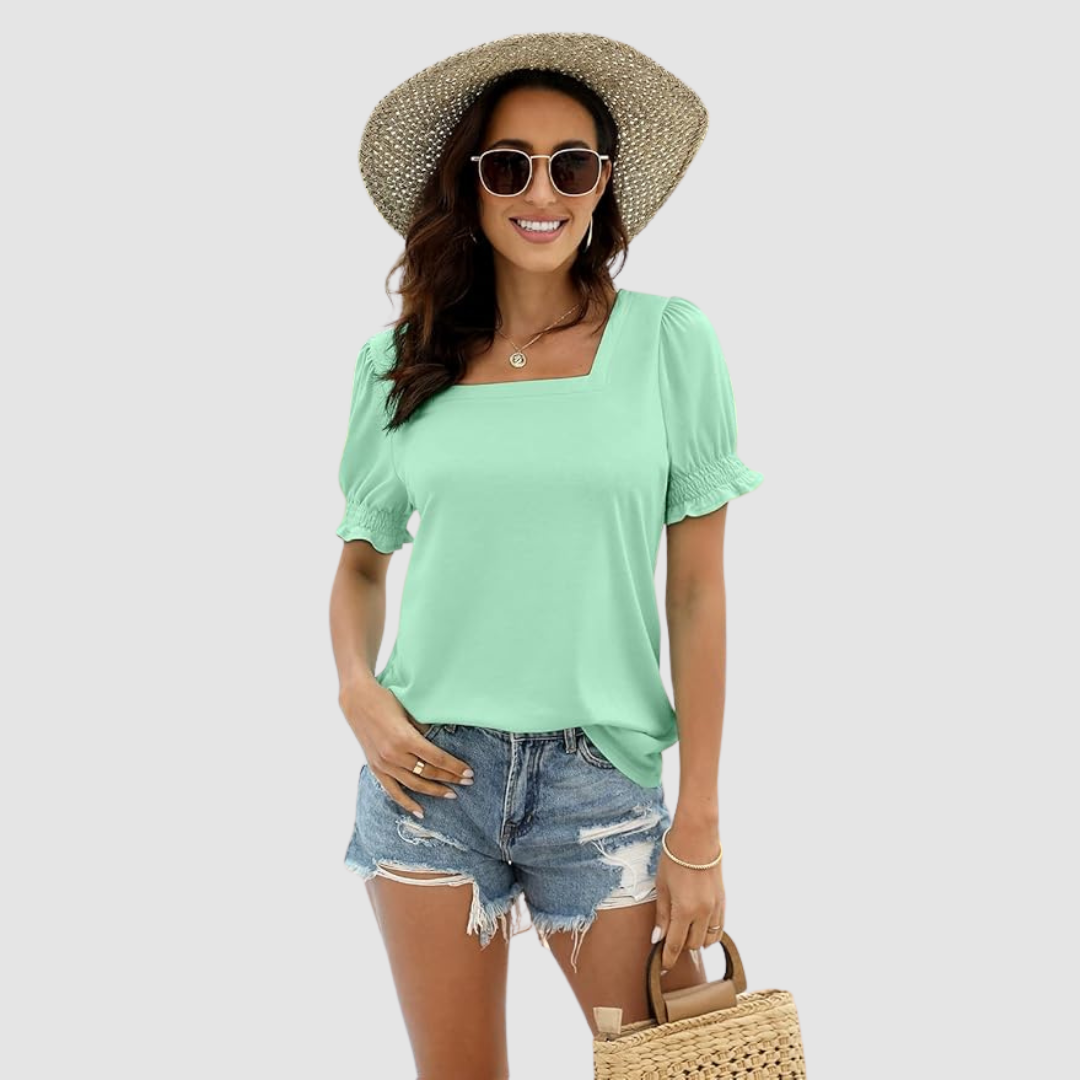 Square-neck blouse in aqua green with puff sleeves and gathered cuffs