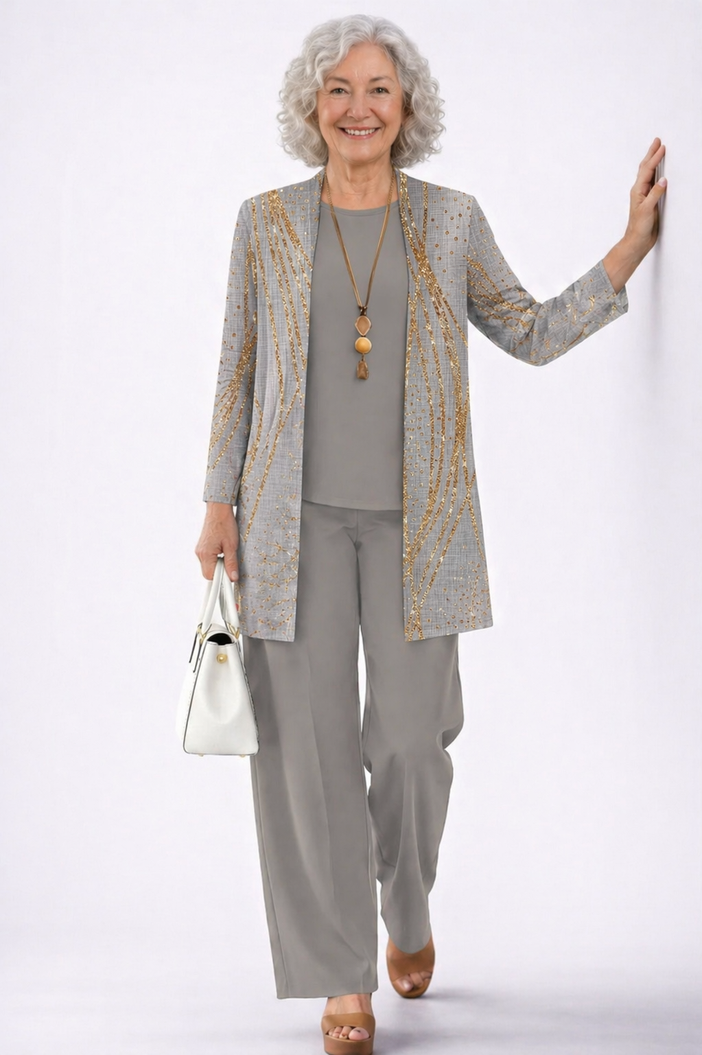 Women's 3-piece set with blue & gold marble blazer, gray top, and gray pants